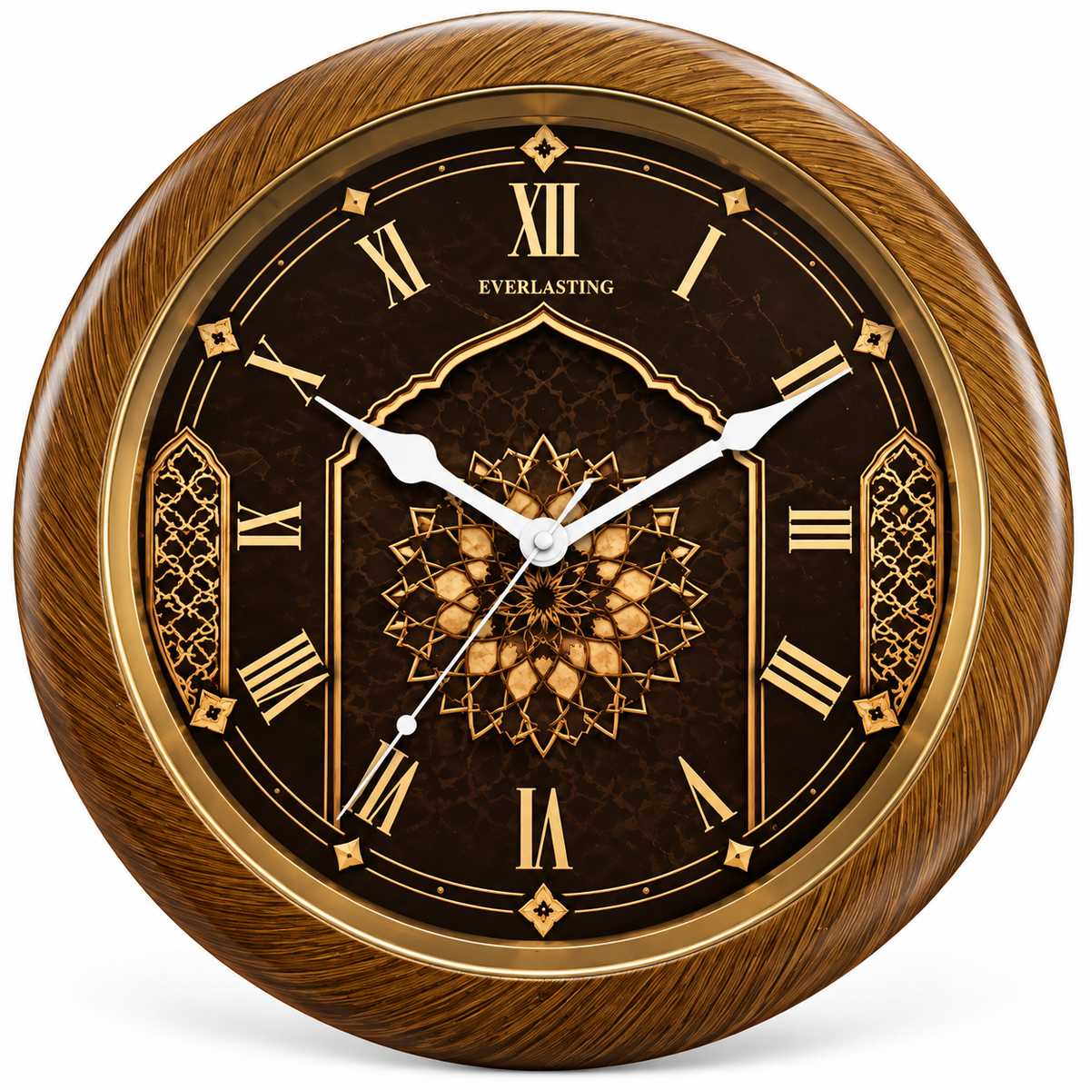 Everlasting 10 Inch Islamic Arabesque Floral Roman Numeral Step Movement Brown and Golden Ring Wall Clock