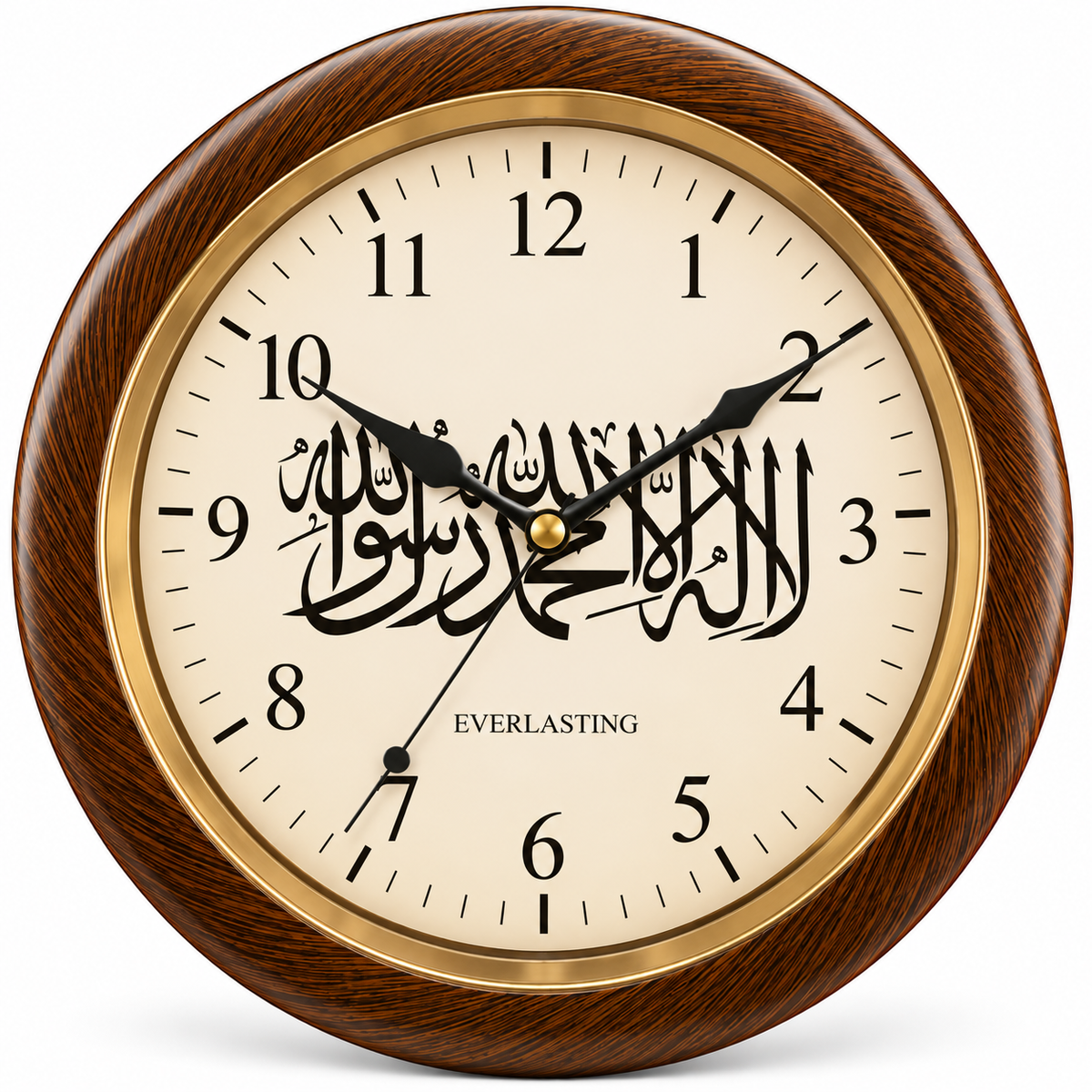 Everlasting 10 Inch Shahada Arabic Calligraphy Step Movement Green and Golden Ring Wall Clock