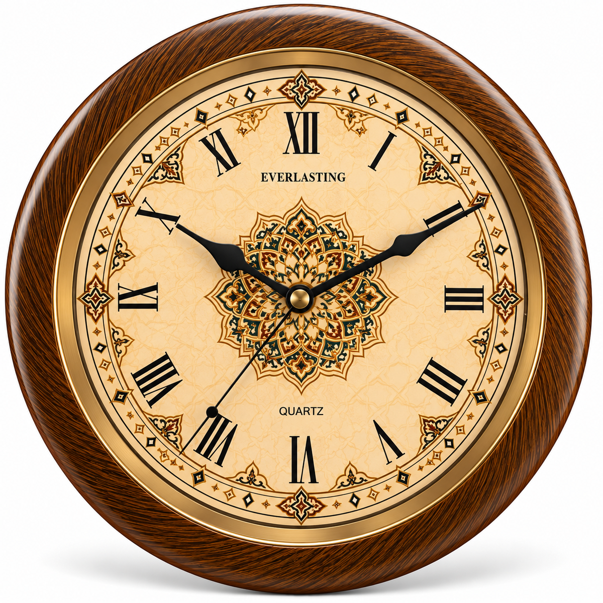 Everlasting 10 Inch Islamic Geometric Roman Numeral Step Movement Green and Golden Ring Wall Clock